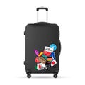 Red travel plastic suitcase with wheels and stickers realistic hand Luggage Royalty Free Stock Photo