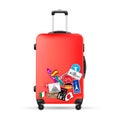 Red travel plastic suitcase with wheels and stickers realistic hand Luggage Royalty Free Stock Photo