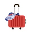 Red Travel Suitcases. Woman summer hat. Time to Travel. Trip to World. Vacation. Holidays. Travel banner. Front view