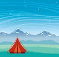 Travel tent, mountains and night sky. Summer nature.