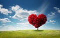 red tree of love heart shape in green field over blue sky Royalty Free Stock Photo