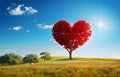 red tree of love heart shape in green field over blue sky Royalty Free Stock Photo