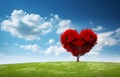 red tree of love heart shape in green field over blue sky Royalty Free Stock Photo