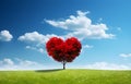 red tree of love heart shape in green field over blue sky Royalty Free Stock Photo