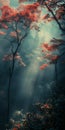 red tree middle forest rays light fog japanese inspiration bloom high enchanted dreams faded glow