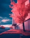 a red tree stands in front of a building