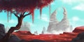 Red Tree and White Mountain. Fiction Backdrop. Concept Art.