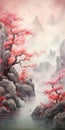 Red Trees In Oriental Landscape: A Richly Detailed Painting Royalty Free Stock Photo