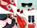 Fashion trends  accessories red shoes oh high heels yellow red  handbag wallet gloves sunglasses on white background roses petal l Royalty Free Stock Photo