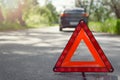 Red triangle car emergency stop sign. Royalty Free Stock Photo