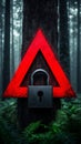 A red triangle with a padlock on a tree in the woods Royalty Free Stock Photo
