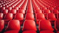 Red tribunes. seats of tribune on sport stadium. empty outdoor arena. concept of fans. chairs for audience. cultural environment