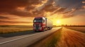 Red Semi Truck Driving On Road Towards Sunset In Agricultural Landscape Royalty Free Stock Photo