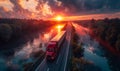 Red truck driving on the asphalt road along the river at sunset Royalty Free Stock Photo