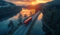 Red truck driving on the asphalt road through the forest in the mountains in the light of sunset Royalty Free Stock Photo