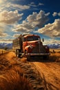 Red truck driving down dirt road under cloudy sky. Generative AI Royalty Free Stock Photo