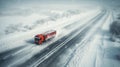 Red truck driving on a snowy highway in the countryside, on a winter day during blizzard. Long-distance transport. Generative AI Royalty Free Stock Photo