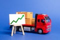 Red truck loaded with boxes and stand with a green up arrow. Raise economic indicators and sales. Exports, imports. High trade