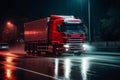 Red truck moving on a highway, Generative AI