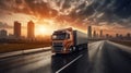 Red Truck on the road with cityscape background at sunset Royalty Free Stock Photo