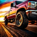 Red truck on road at sunset Royalty Free Stock Photo