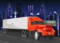 Red truck with white cargo container goes through night city