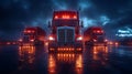 Red trucks convoy night highway reflection transport Royalty Free Stock Photo