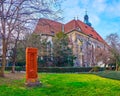 Armenian Khachkar cross stone in park at St Henry and St Kunhuta Church, Prague, Czech Republic