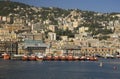 Red tug boats lining Genoa Harbor, Genoa, Italy, Europe