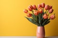 Red tulip arrangement on sunny yellow, a greeting card centerpiece for spring