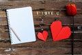 Red tulip with blank notebook and red heart shape Royalty Free Stock Photo