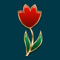 Red tulip on a dark green background. flower decorated in gold cut. glossy leaves and bud. stylized piece of jewelry. illus
