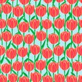 Red tulip fields on sky blue background seamless repeat pattern. Royalty Free Stock Photo