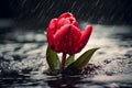 Red tulip flower being drowned by flood of water due to heavy rain in spring Royalty Free Stock Photo