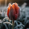 Red tulip flower covered with frost, amazing flower, close-up, Royalty Free Stock Photo