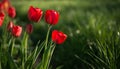 Red tulip in the flowerbed. In the garden