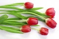 Red tulip flowers bouquet on white background. Flat lay, top view Royalty Free Stock Photo