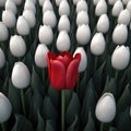 Red tulip standing out among sea of white tulips. The red tulip appears to be in center of scene, surrounded by Royalty Free Stock Photo
