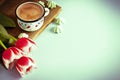 Red tulip white white border on blue background cacao cup marshmallow. Royalty Free Stock Photo