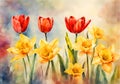 Red tulip and yellow narcissus flowers and leaves watercolor illustration in arrange on natural bakcground. Royalty Free Stock Photo