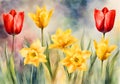 Tulip and narcissus flowers and leaves watercolor illustration in arrange on natural background. Royalty Free Stock Photo