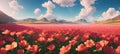 Red tulips on the background of mountains and blue sky. 3d rendering Royalty Free Stock Photo