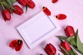 Red tulips bouquet, phone and white photo frame on pink background= Royalty Free Stock Photo