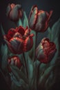 Red tulips bouquet in vibrant tints isolated on blurry background. Colorful springtime flowers with green leaf. Fresh