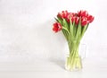 Red tulips flower bouquet in glass vase on table empty copy space.Fresh flowers on white background Royalty Free Stock Photo