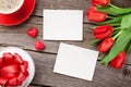 Red tulips, gift box and Valentine`s day photos Royalty Free Stock Photo