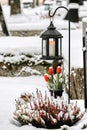 Red tulips and lantern with candle at the grave covered with snow in winter Royalty Free Stock Photo