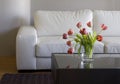 Red tulips in modern living room - home decor Royalty Free Stock Photo