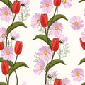 Red tulips and pink spring flowers seamless pattern. Vector illustration. Royalty Free Stock Photo