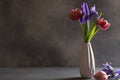 Red tulips and purple irises in white vase on gray background. Still life in the style of minimalism Royalty Free Stock Photo